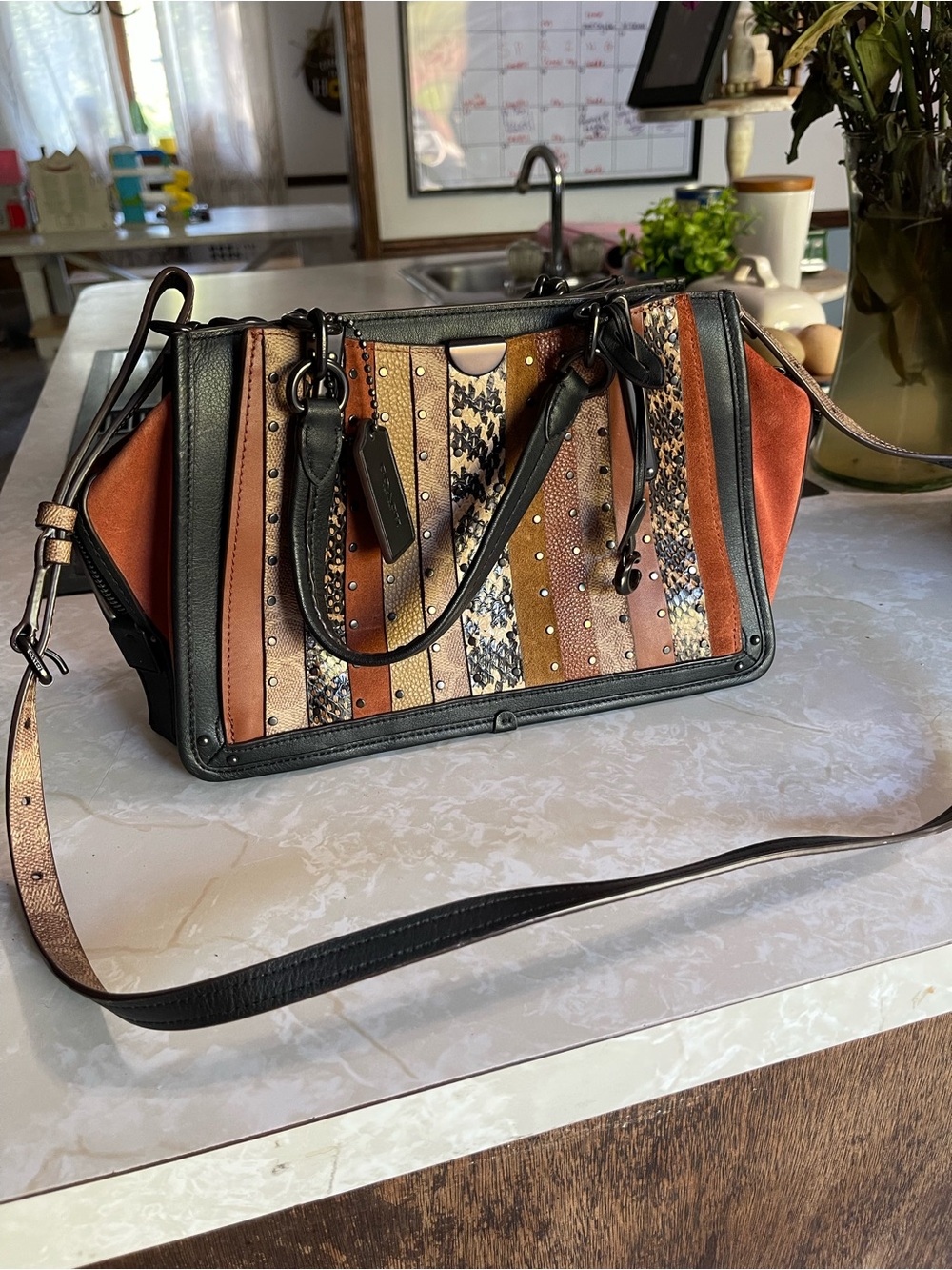 Coach Dreamer Patchwork Snakeskin Leather Satchel Crossbody 80564 Studded Stripe - Picture 3 of 16